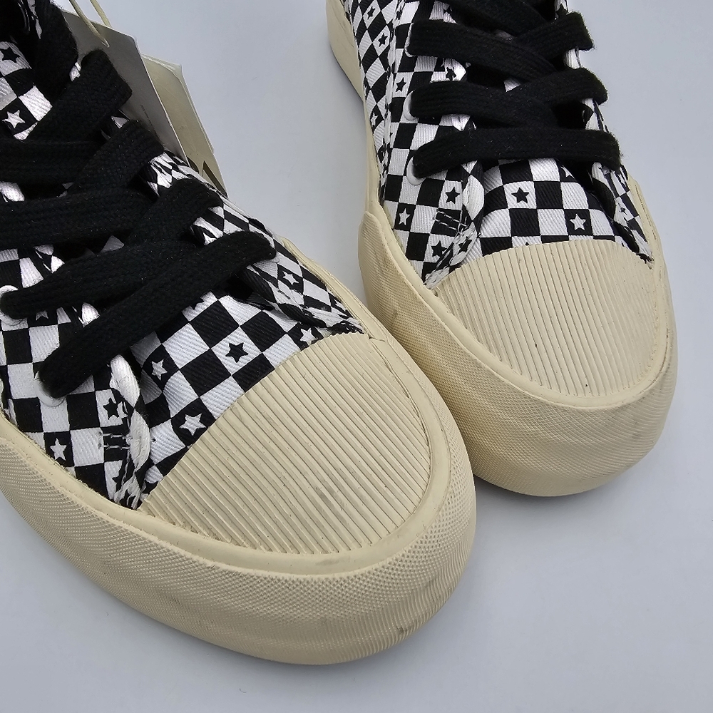 Zara Lace-Up High-Top Canvas Sneakers, Black/White Checkered pattern with stars - Picture 2 of 15